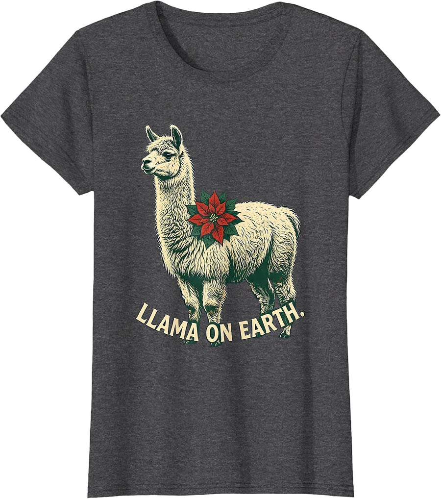 Women's Llama On Earth Vintage Funny Christmas Llama Lover Gift T-Shirt - Dark Heather Grey
