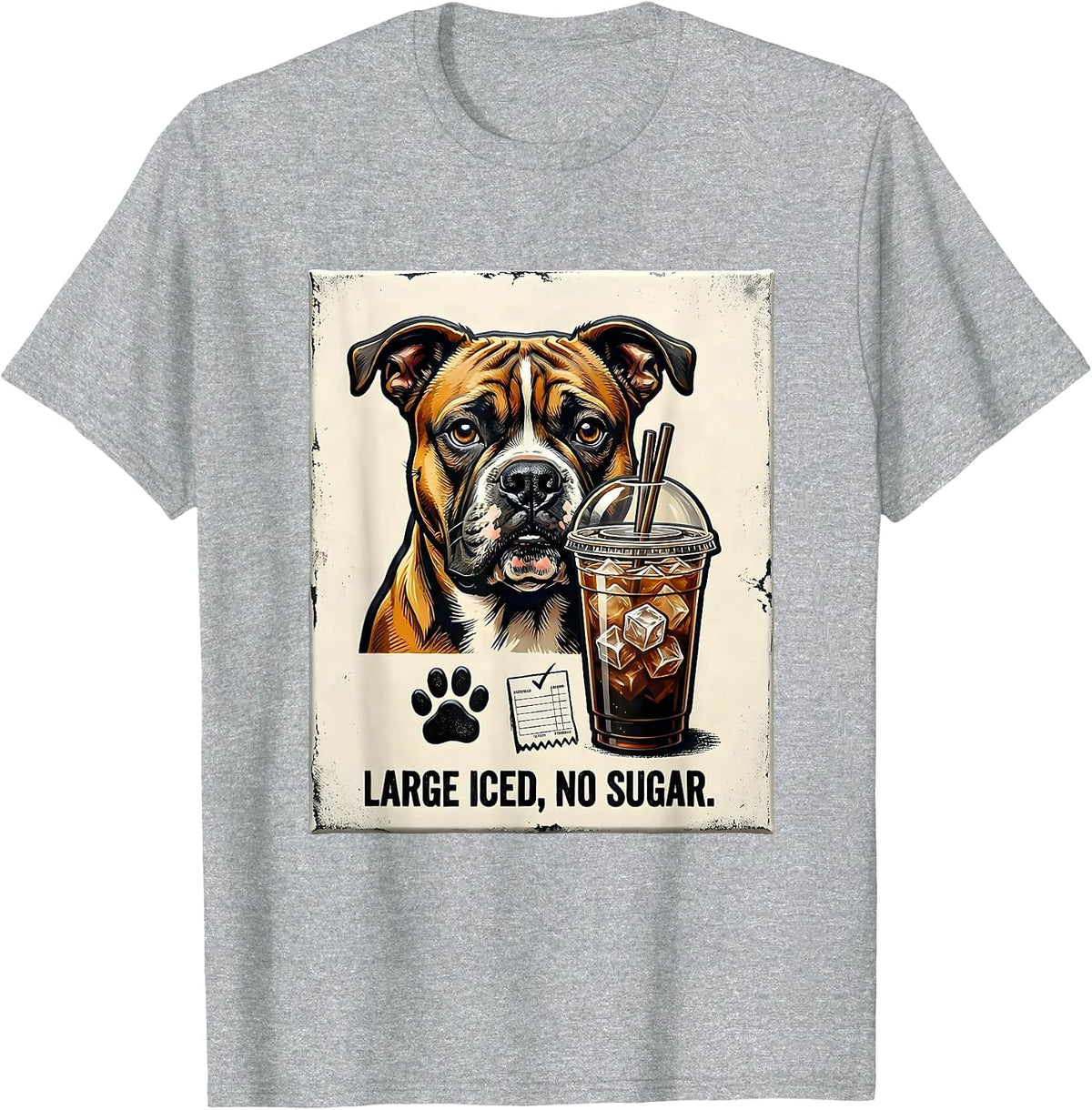 Men's Large Iced No Sugar Funny Pitbull Drinking Iced Coffee Meme T-Shirt - Heather Grey