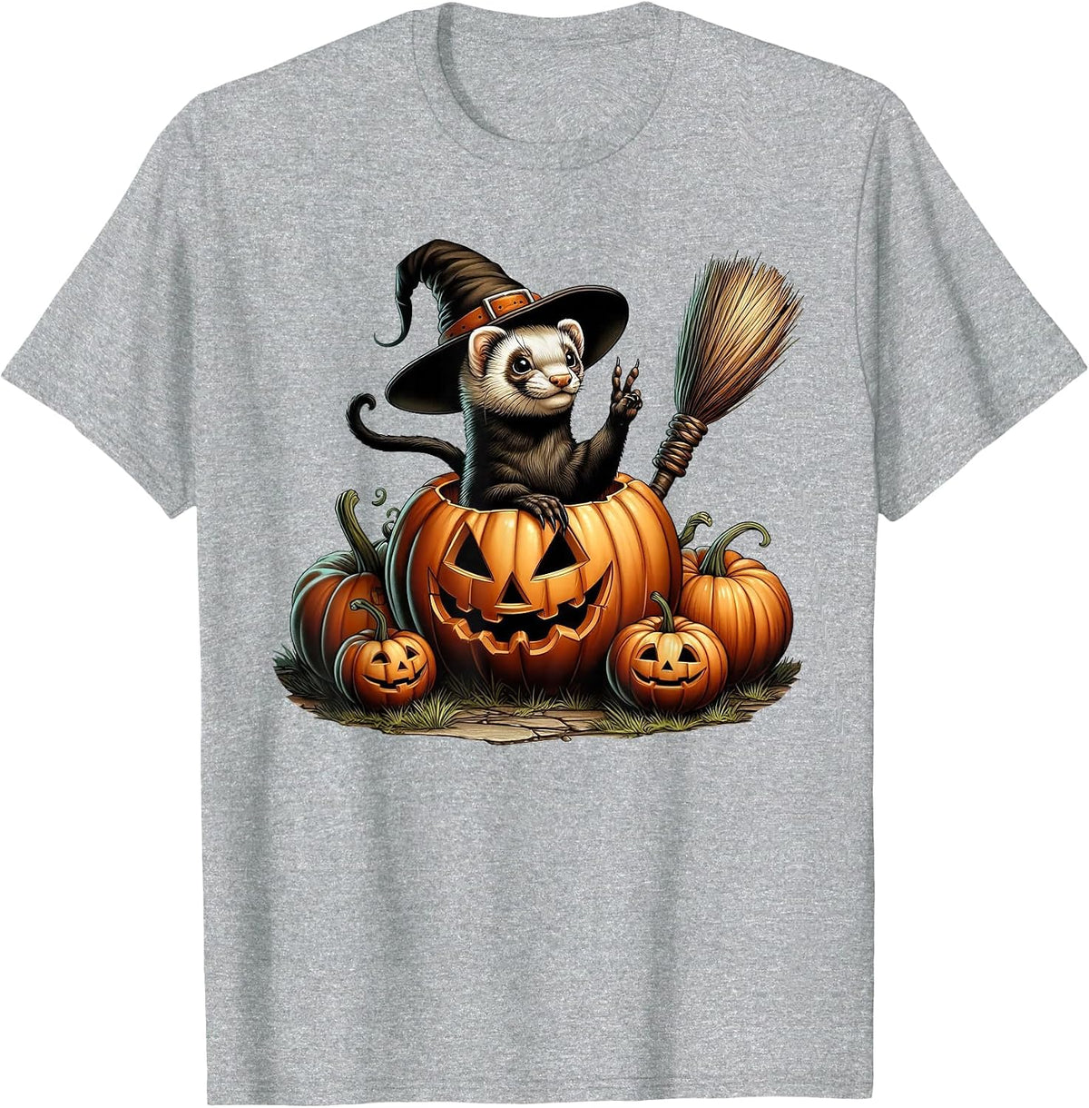 Funny Ferret Witch Pumpkin Halloween Mens Womens Kids T-Shirt - Heather Grey