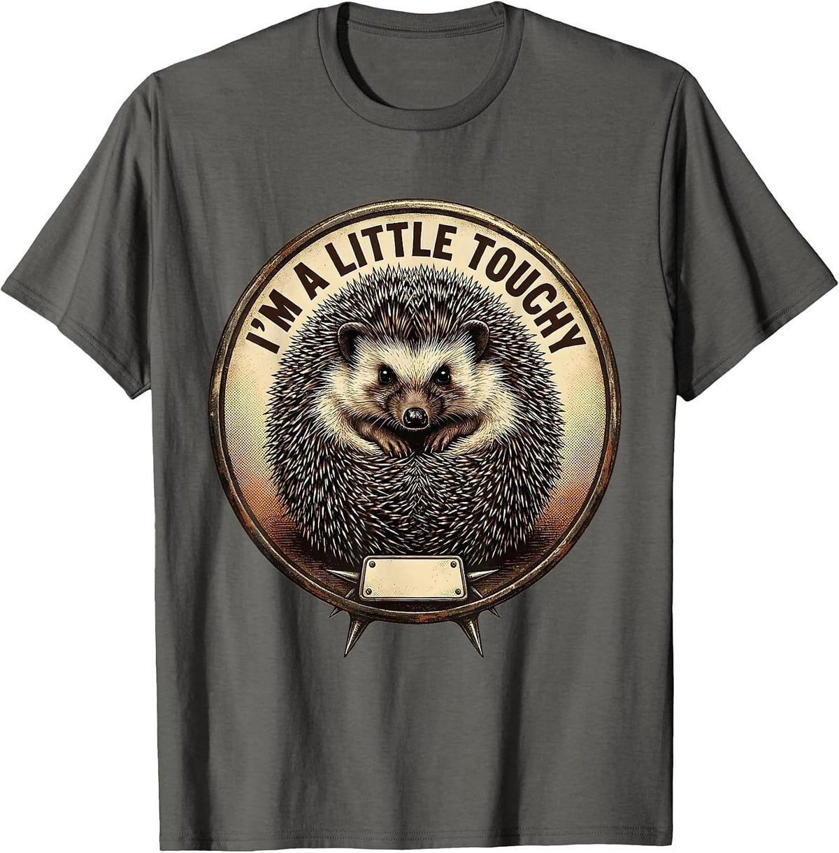 I'm A Little Touchy Vintage Hedgehog Novelty Animal Humor T-Shirt - Asphalt Grey