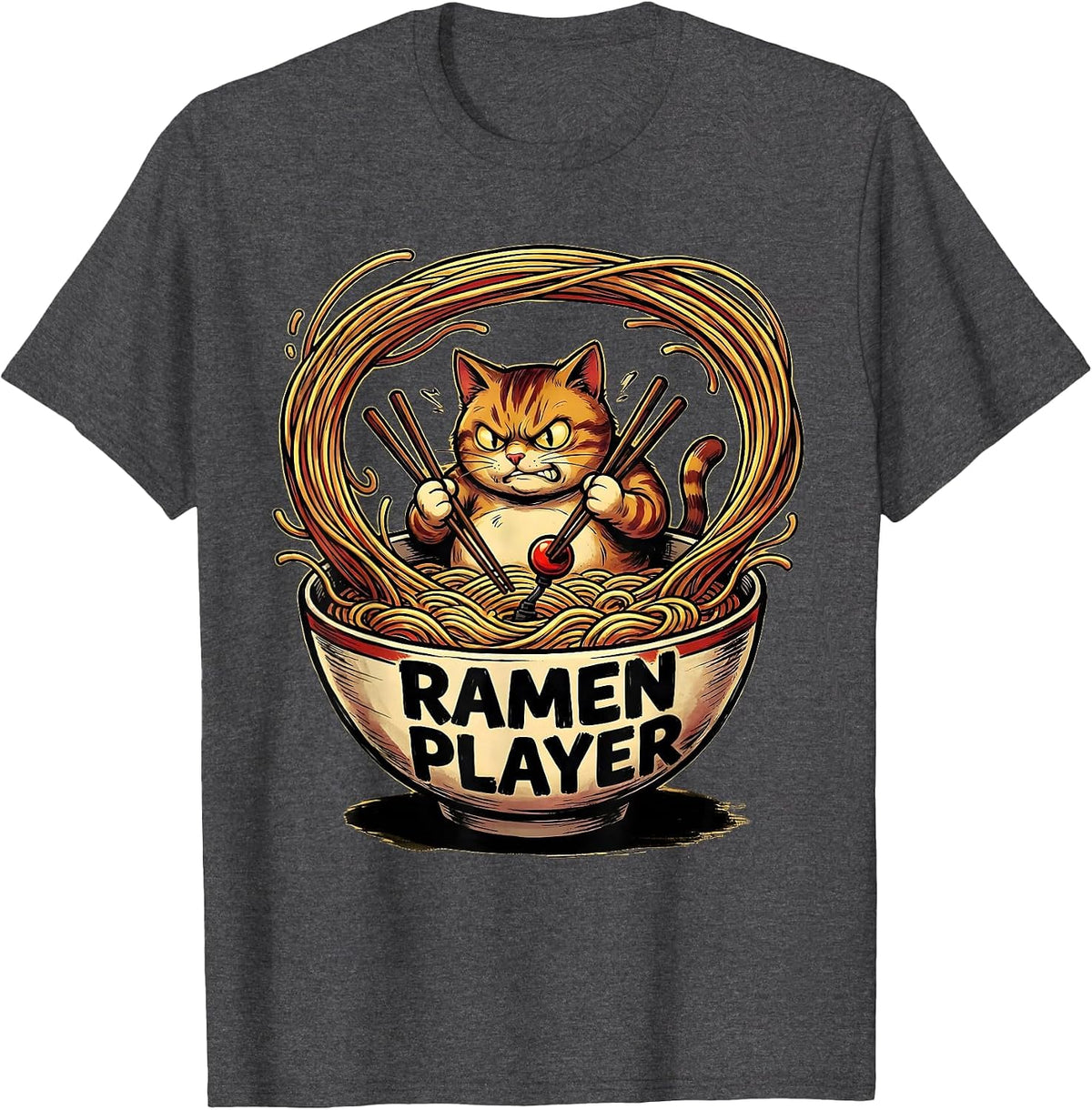 Men's Ramen Player Cartoon Cat Anime Japanese Kawaii Gamer Gift T-Shirt - Dark Heather Grey