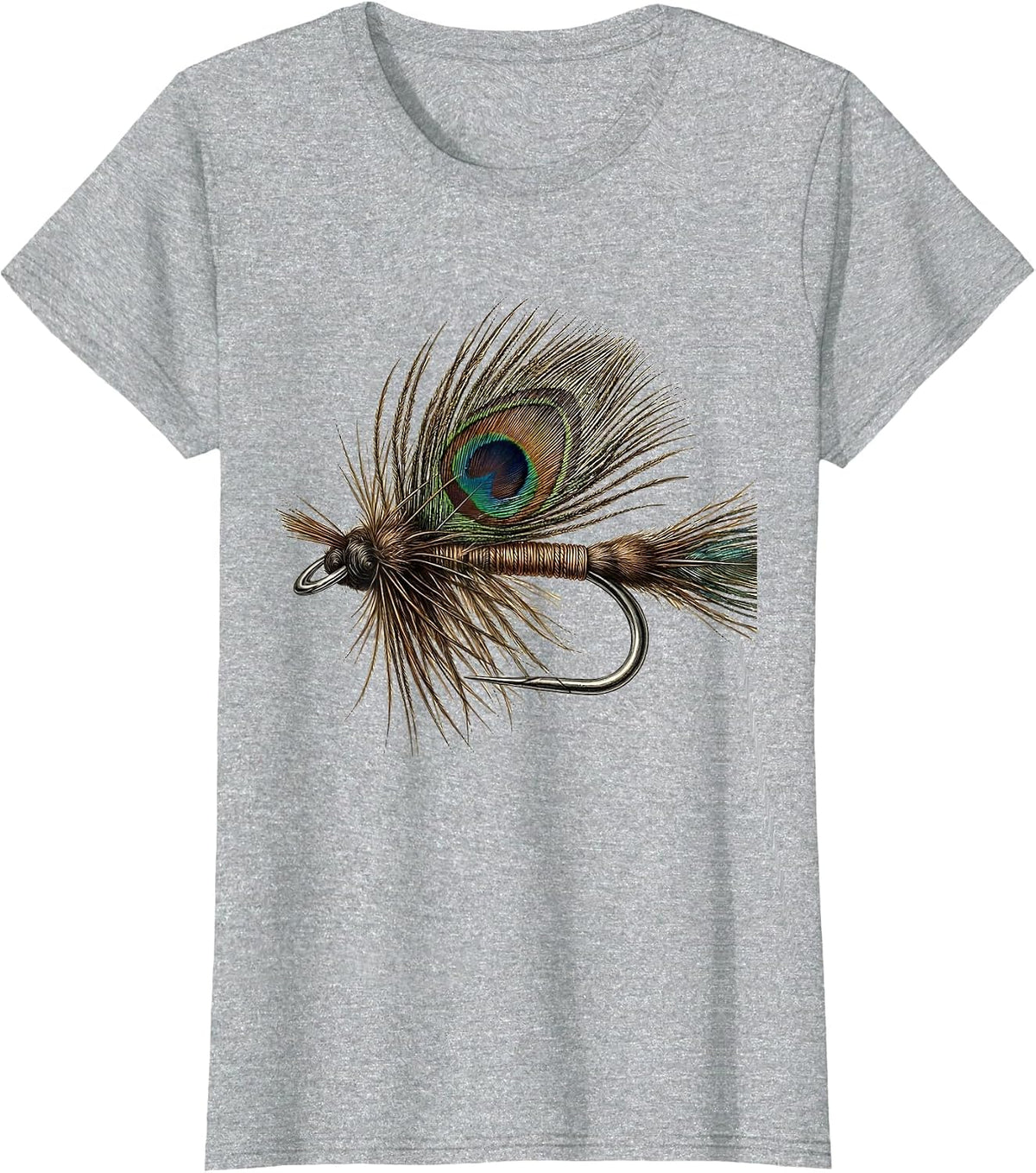 Feather Fly Fishing Hook Illustration T-Shirt - Heather Grey