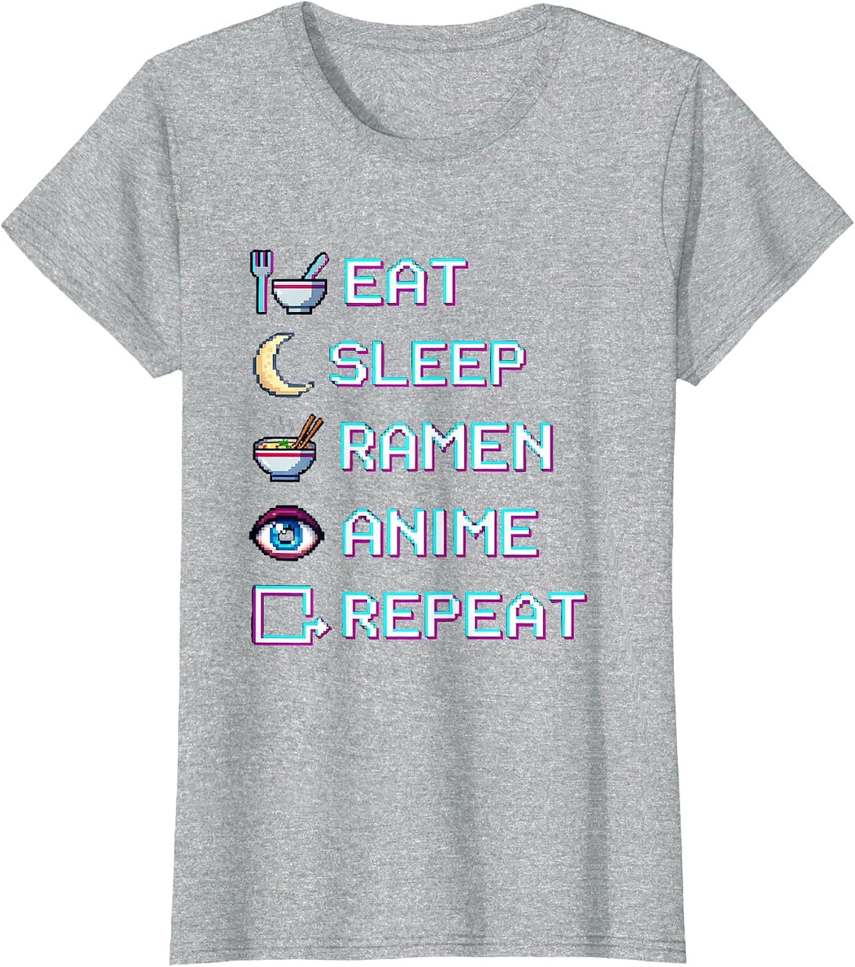 Eat Sleep Ramen Anime Repeat Pixel Art Kawaii Otaku Gamer T-Shirt - Heather Grey