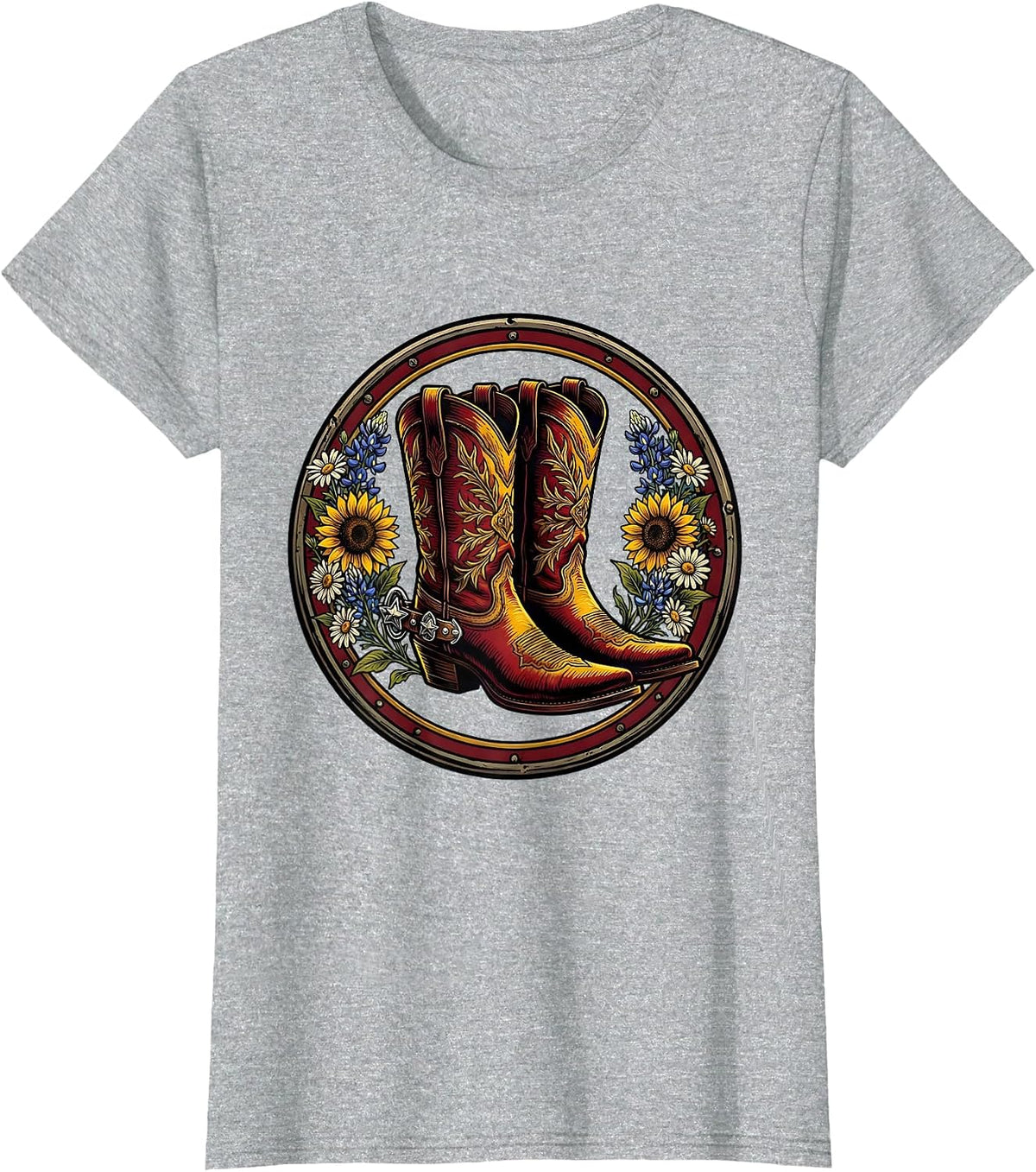 Cowgirl Boots Spurs and Wildflowers Rodeo Design T-Shirt - Heather Grey