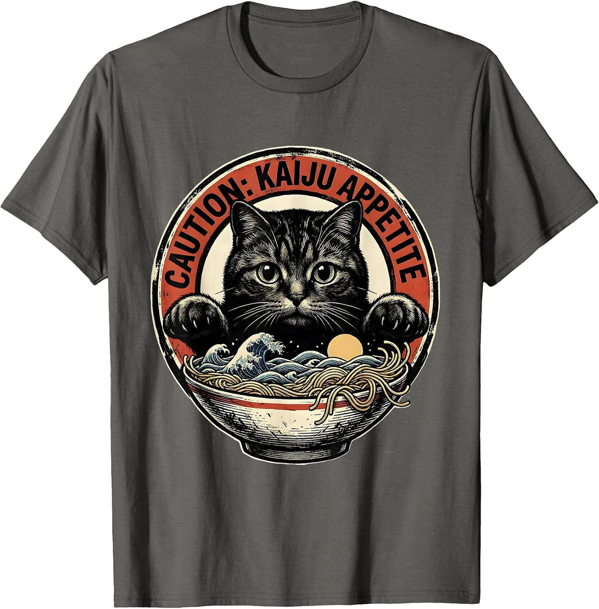 Caution: Kaiju Appetite Playful Japanese Cat Anime Ramen Art T-Shirt - Asphalt Grey