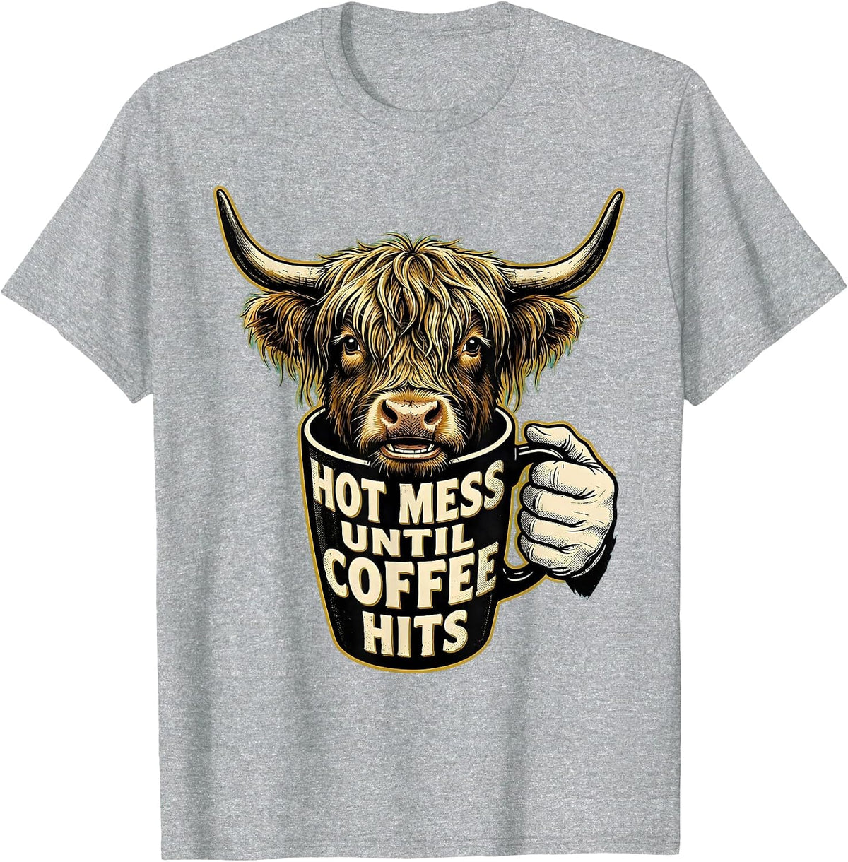 Men's Hot Mess Until Coffee Hits Retro Cartoon Highland Cow Coffee T-Shirt - Heather Grey