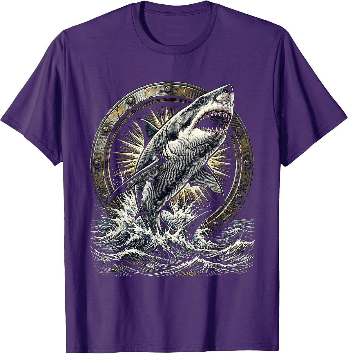 Men's Shark Leaping Through Ship Porthole Pirate T-Shirt - Purple
