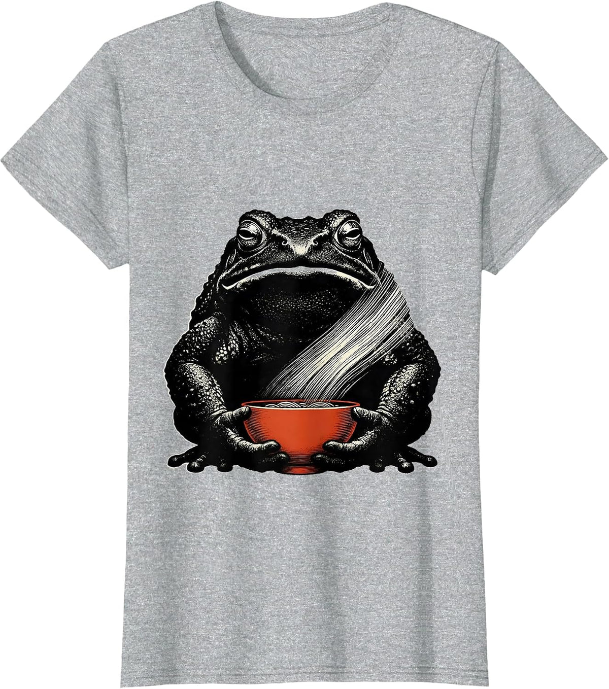 Grumpy Frog Ramen Bowl Scratchboard Ink-Art Humor T-Shirt - Heather Grey