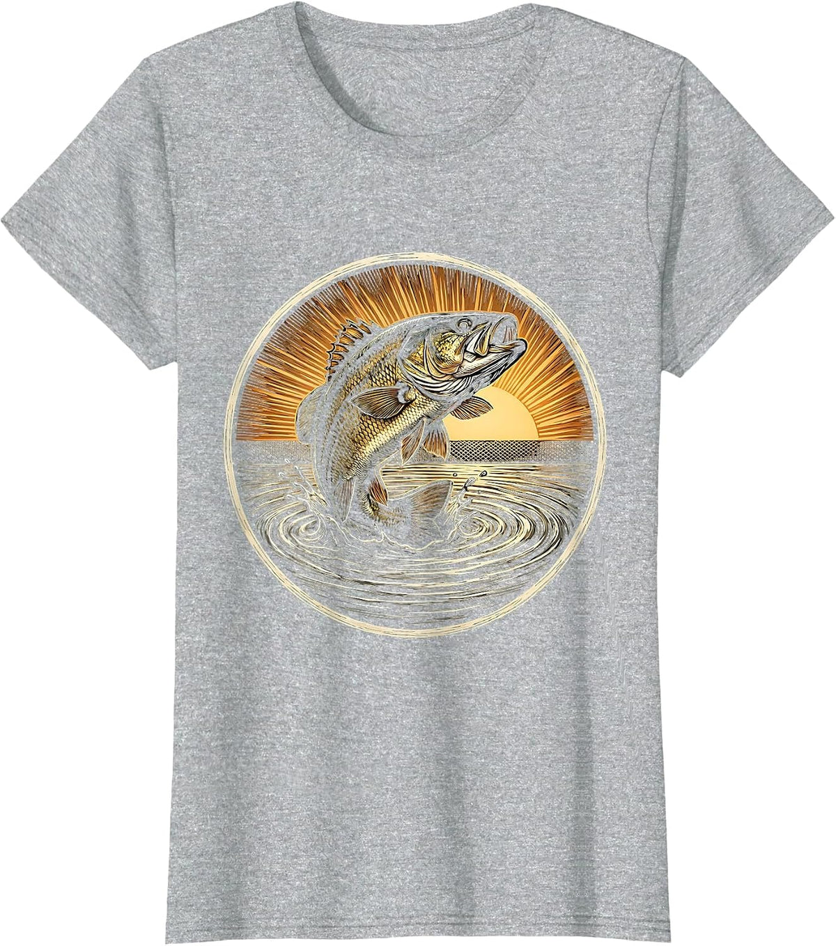 Bass Breaking Water Surface at Dusk Fishing T-Shirt - Heather Grey