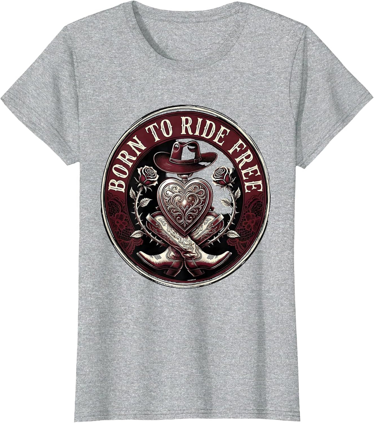 Women's Born to Ride Free Rodeo Cowgirl Design T-Shirt - Heather Grey