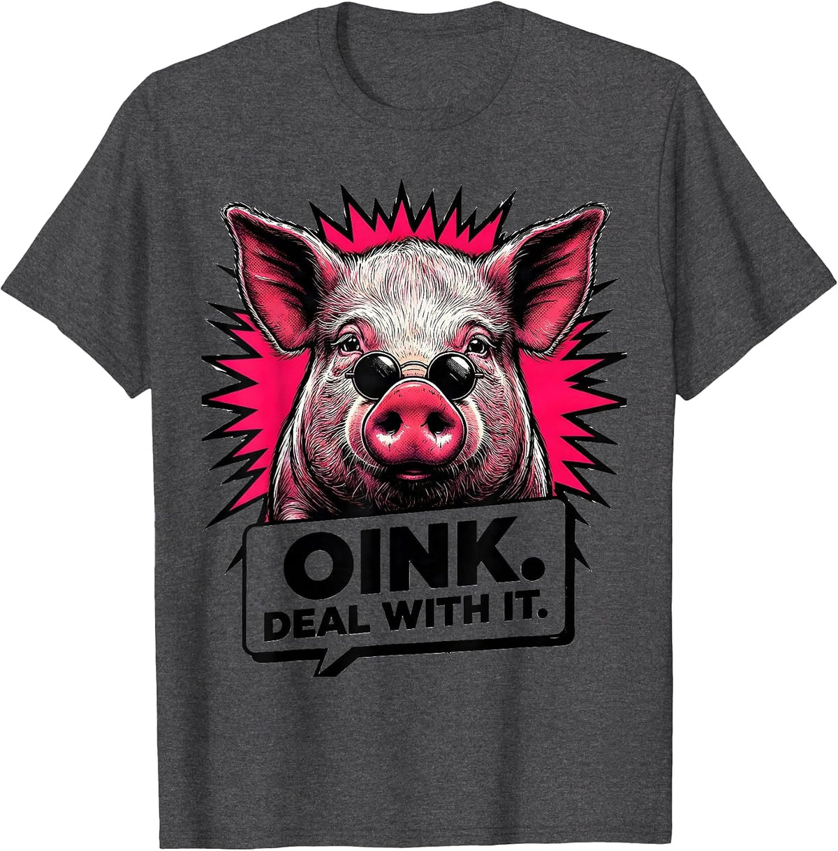 Oink Deal With It Comic Book Pig Farm Animal Lover Humor T-Shirt - Dark Heather Grey