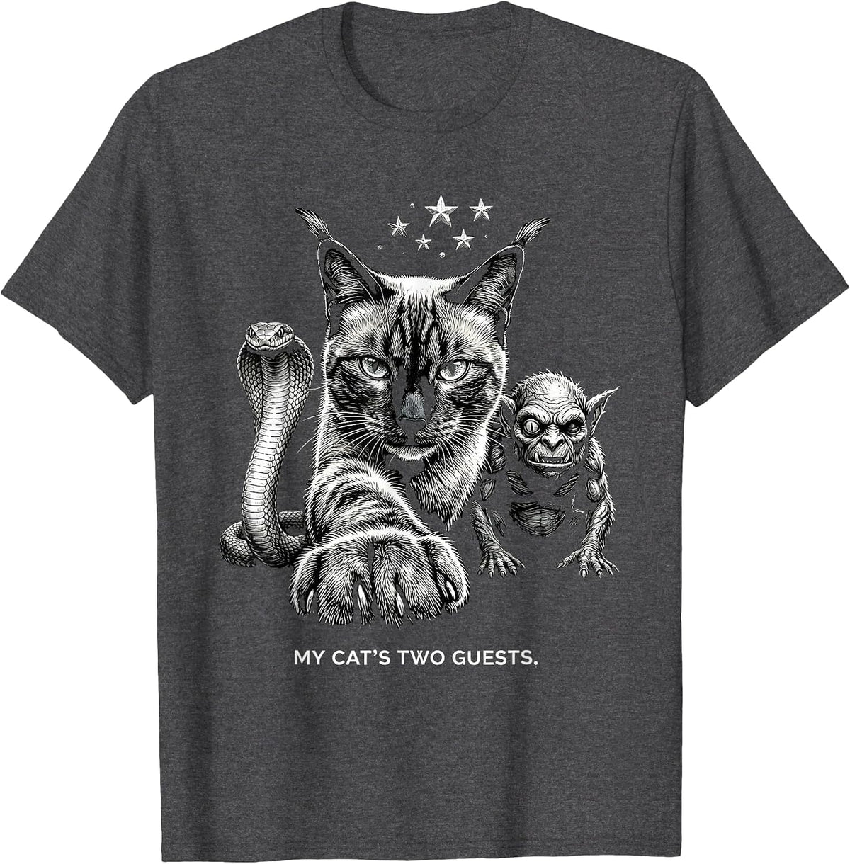 My Cat's Two Guests Funny Cat Lover Paranormal Humor T-Shirt - Dark Heather Grey