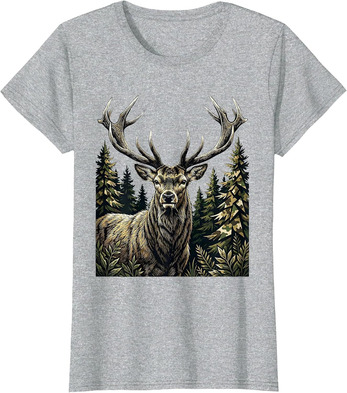 Deer Buck Camo Forest Hunting Graphic Design T-Shirt - Heather Grey