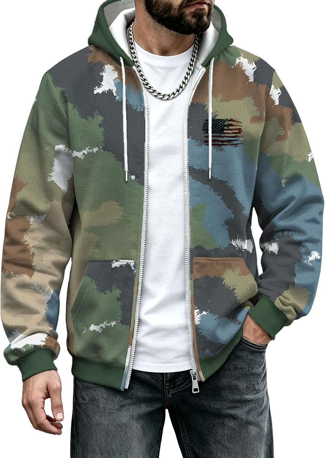DMOYALA Mens Camo Zip Up Hoodie Hunting Fleece Jacket Western Print Oversized Long Sleeve Hooded Sweatshirt - Camo American