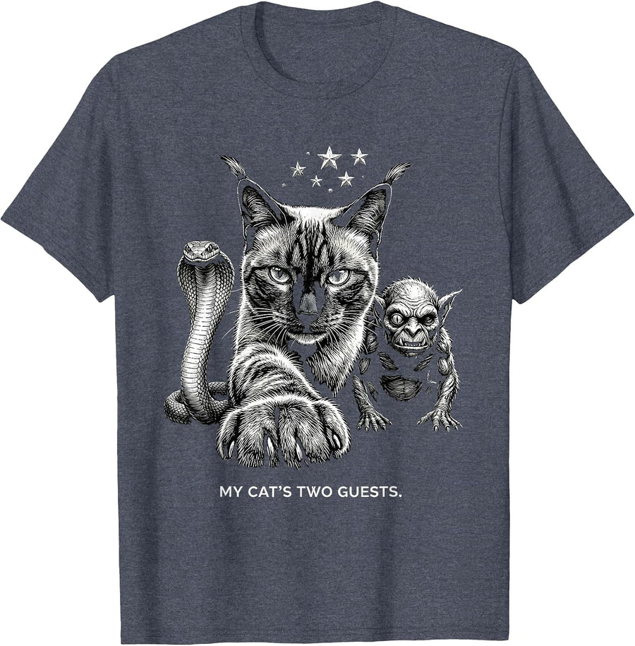 My Cat's Two Guests Funny Cat Lover Paranormal Humor T-Shirt - Heather Blue