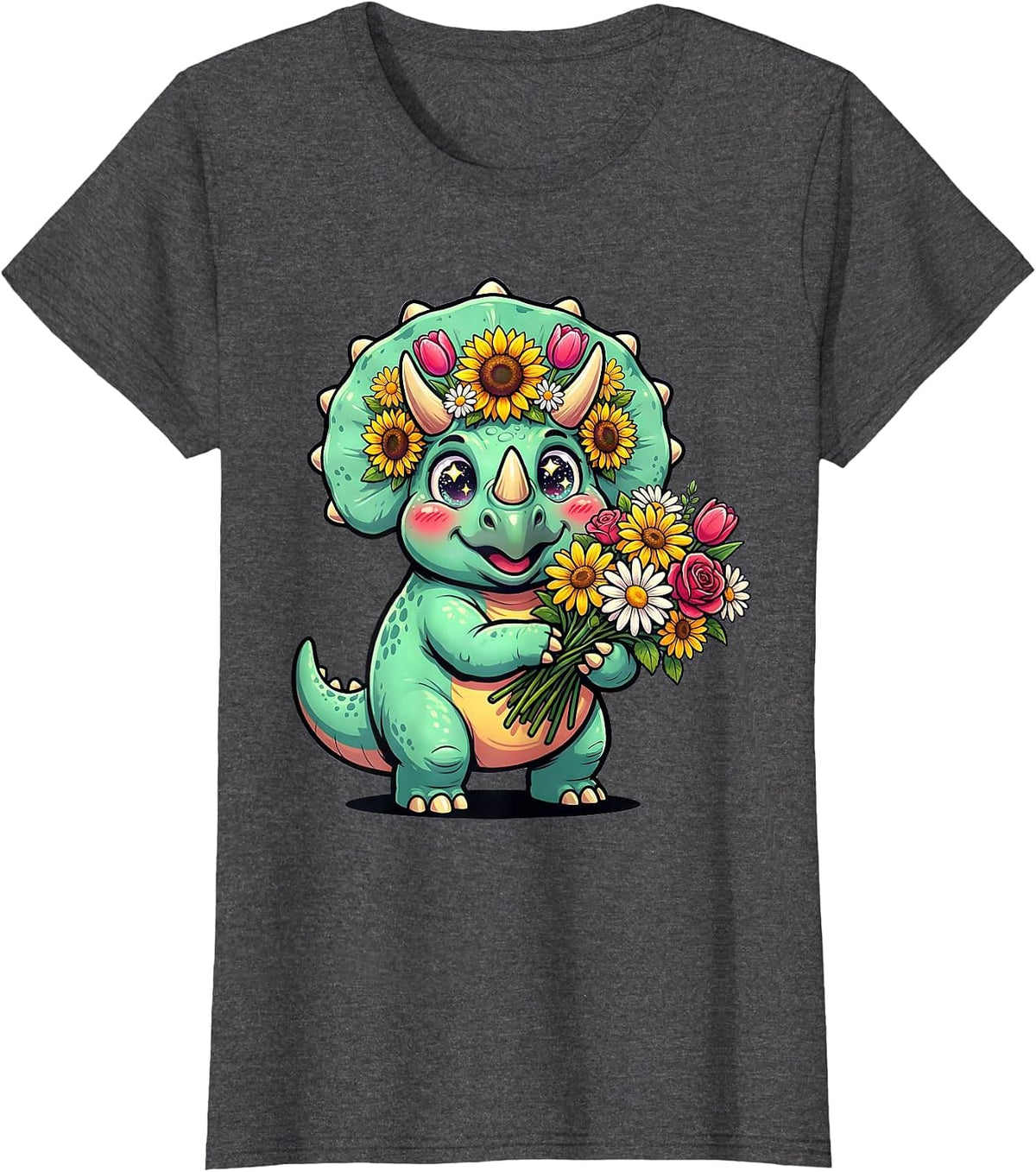Women's Triceratops Flower Bouquet Dinosaur Graphic T-Shirt - Dark Heather Grey