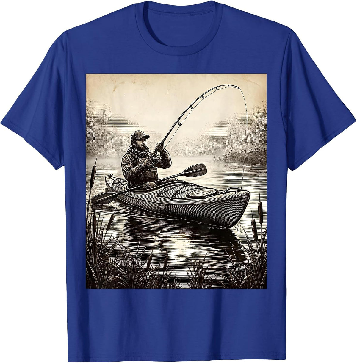 Kayak Fishing Foggy River Casting Illustration T-Shirt - Royal Blue