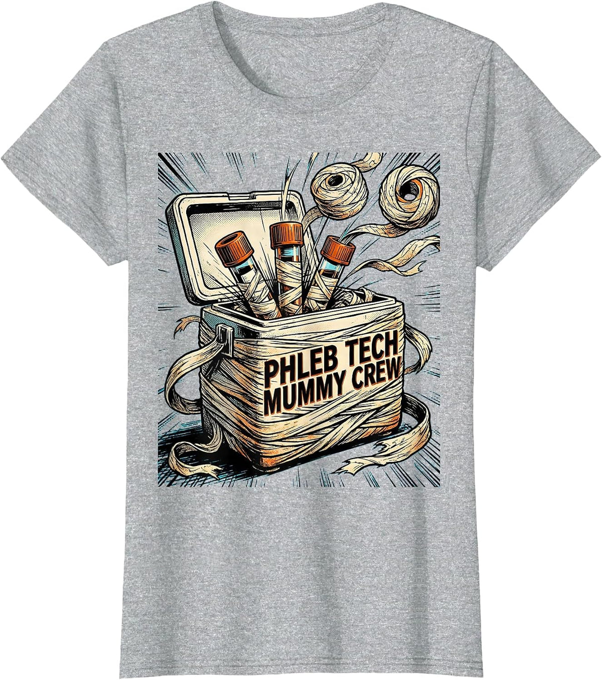 Phleb Tech Mummy Crew Comic Book Halloween Medical Crew T-Shirt - Heather Grey