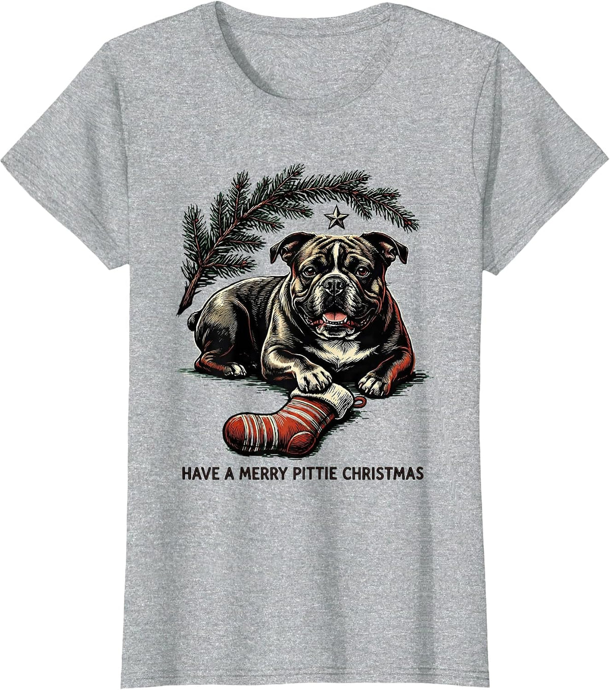 Have A Merry Pittie Christmas Funny Pitbull Lover Linocut T-Shirt - Heather Grey