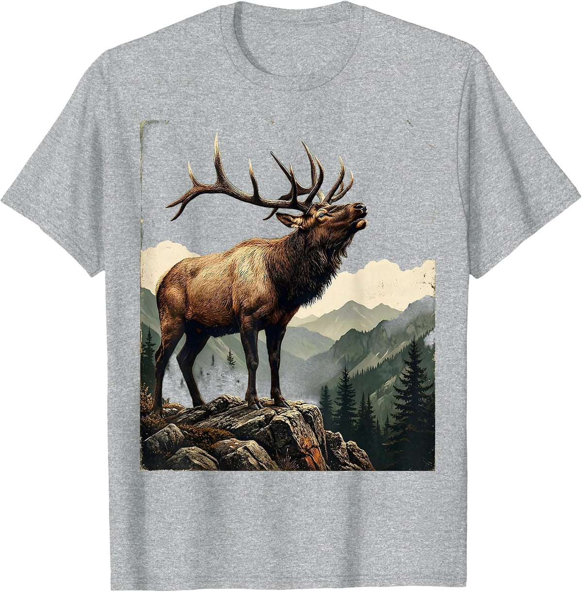 Men's Elk Bugling on Rocky Mountain Ridge T-Shirt - Heather Grey