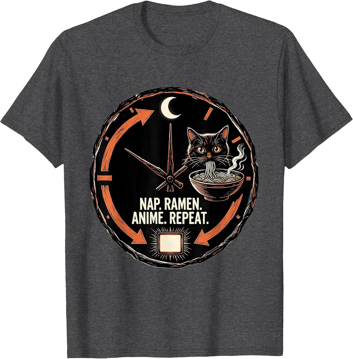 Nap Ramen Anime Repeat Funny Kawaii Cat Graphic T-Shirt - Dark Heather Grey