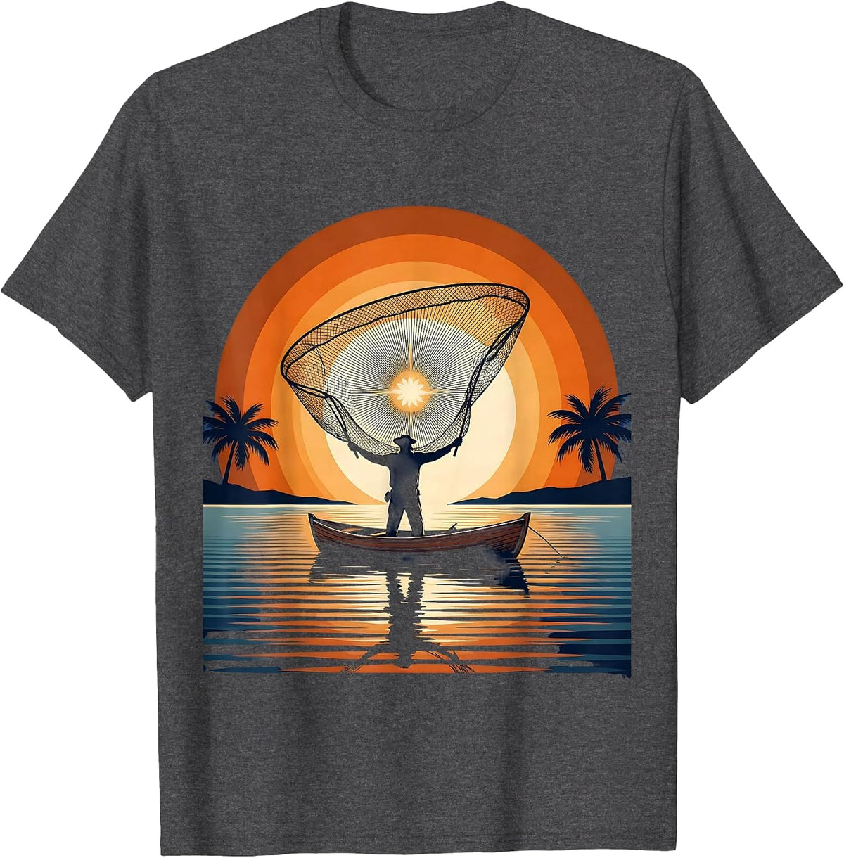 Men's Puerto Rico Fisherman Sunset Casting Net Art T-Shirt - Dark Heather Grey