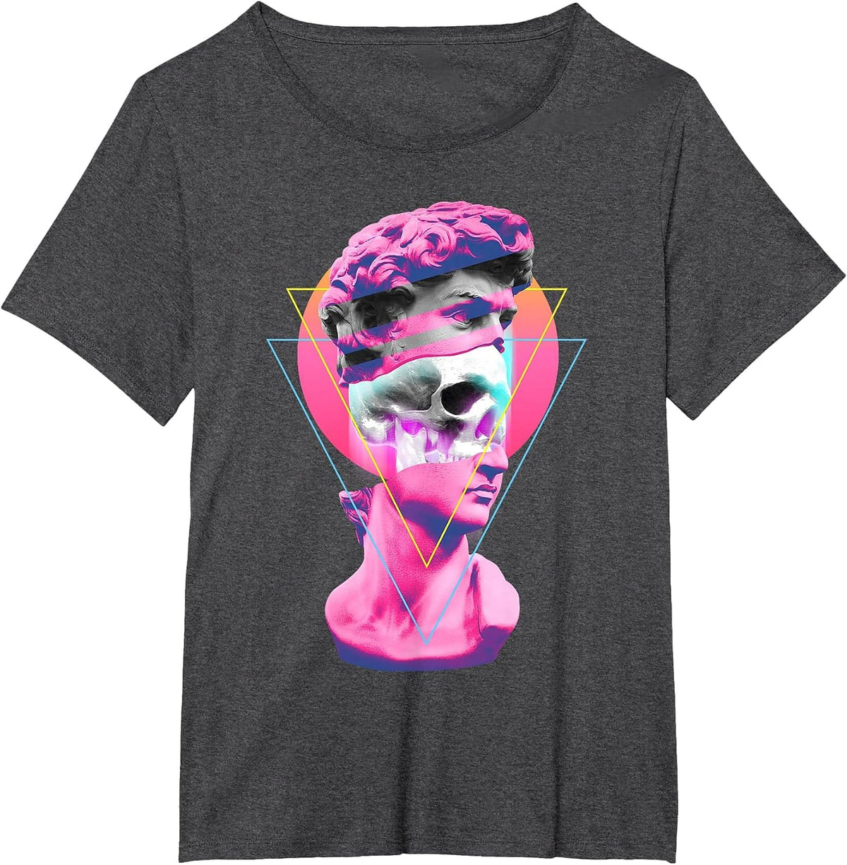 Vaporwave Statue David Bust Skull Retro 80s Glitch T-Shirt - Dark Heather Grey