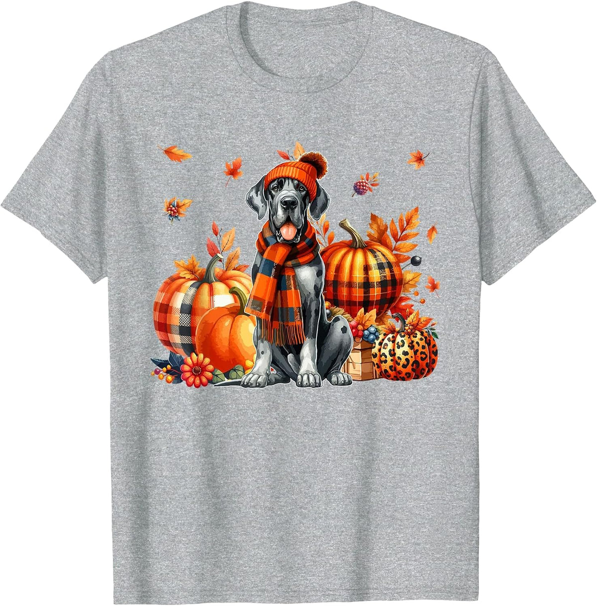 Great Dane Thanksgiving Leopard Pumpkins Fall Leaves Lover T-Shirt - Heather Grey