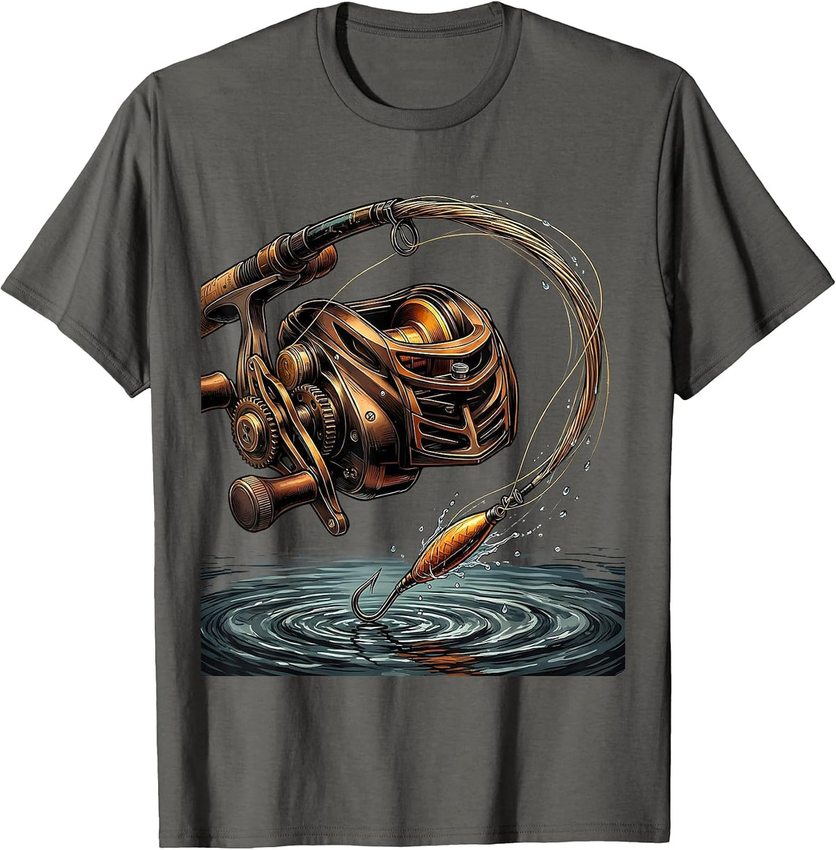 Fishing Reel Line Cast Graphic Tee T-Shirt - Asphalt Grey