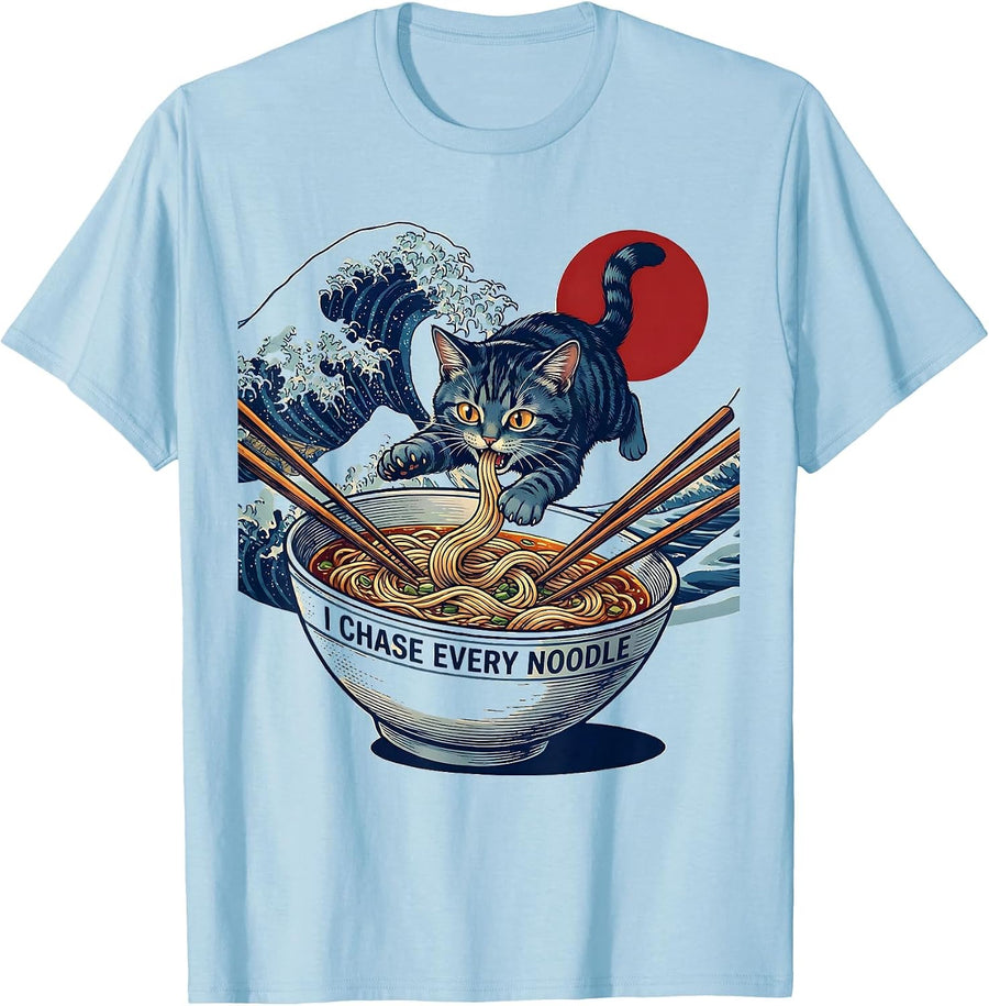 Men's I Chase Every Noodle Funny Kawaii Anime Cat Ramen Gift T-Shirt - Baby Blue
