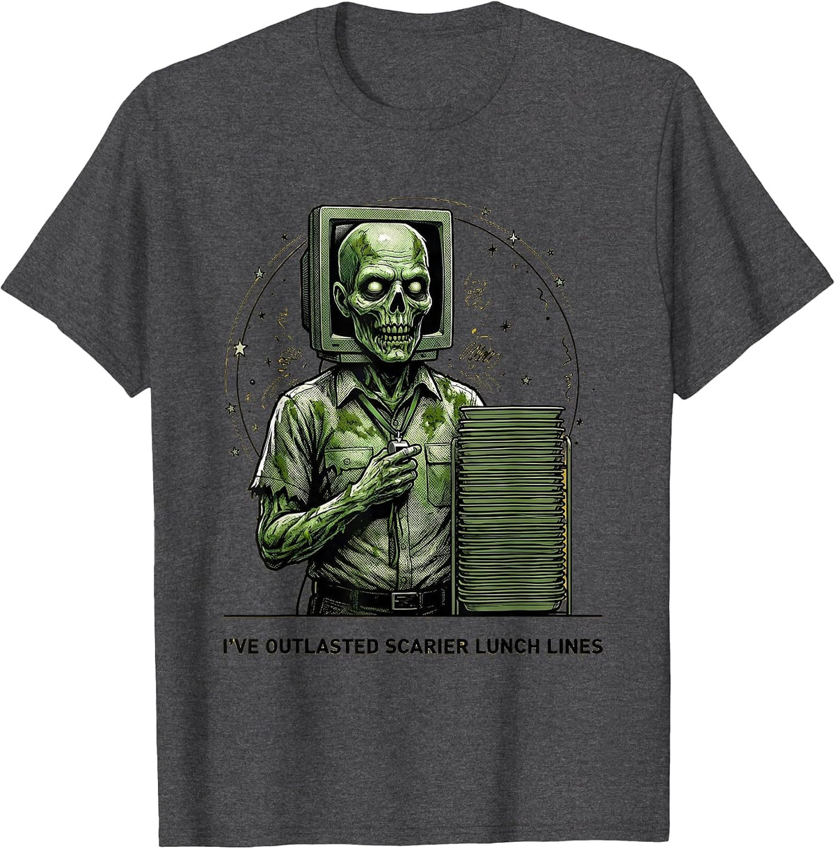 Men's I've Outlasted Scarier Lunch Lines Funny Teacher Halloween T-Shirt - Dark Heather Grey