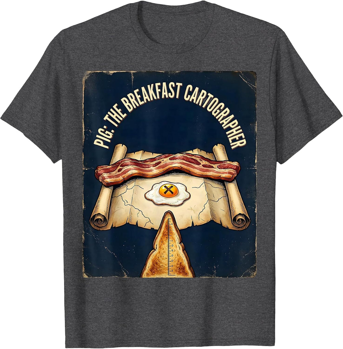 Men's Pig: The Breakfast Cartographer Vintage Funny Bacon Lover T-Shirt - Dark Heather Grey