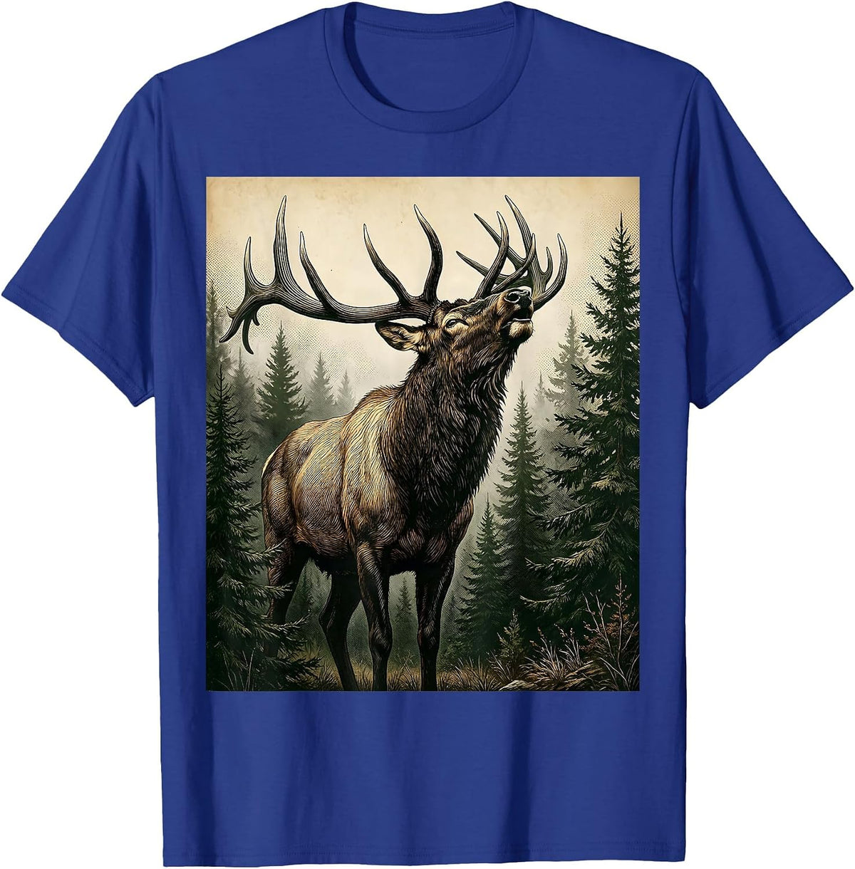 Men's Elk Bugling in Misty Camo Forest Graphic T-Shirt - Royal Blue