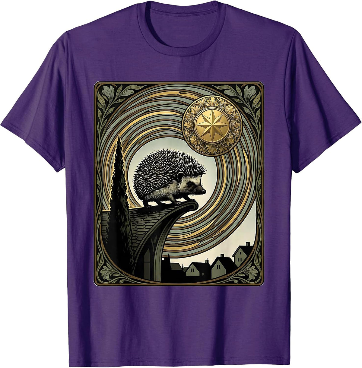 Hedgehog Starry Night Art Nouveau Animal Lover Parody T-Shirt - Purple