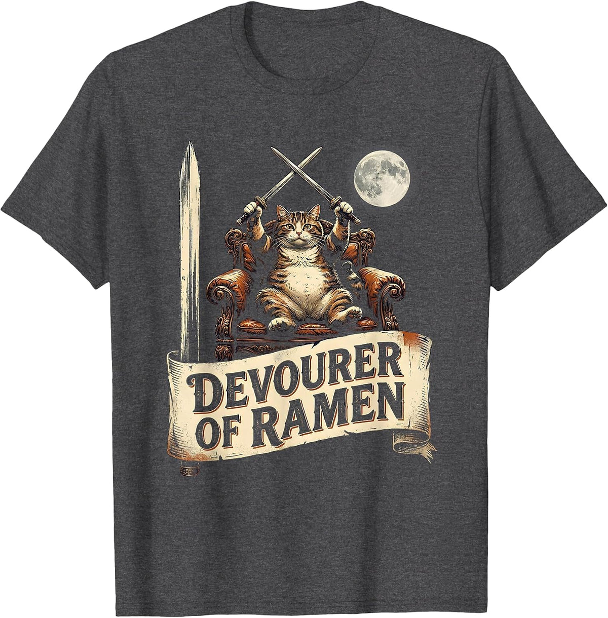 Men's Devourer of Ramen Vintage Chubby Cat Anime Funny Graphic T-Shirt - Dark Heather Grey