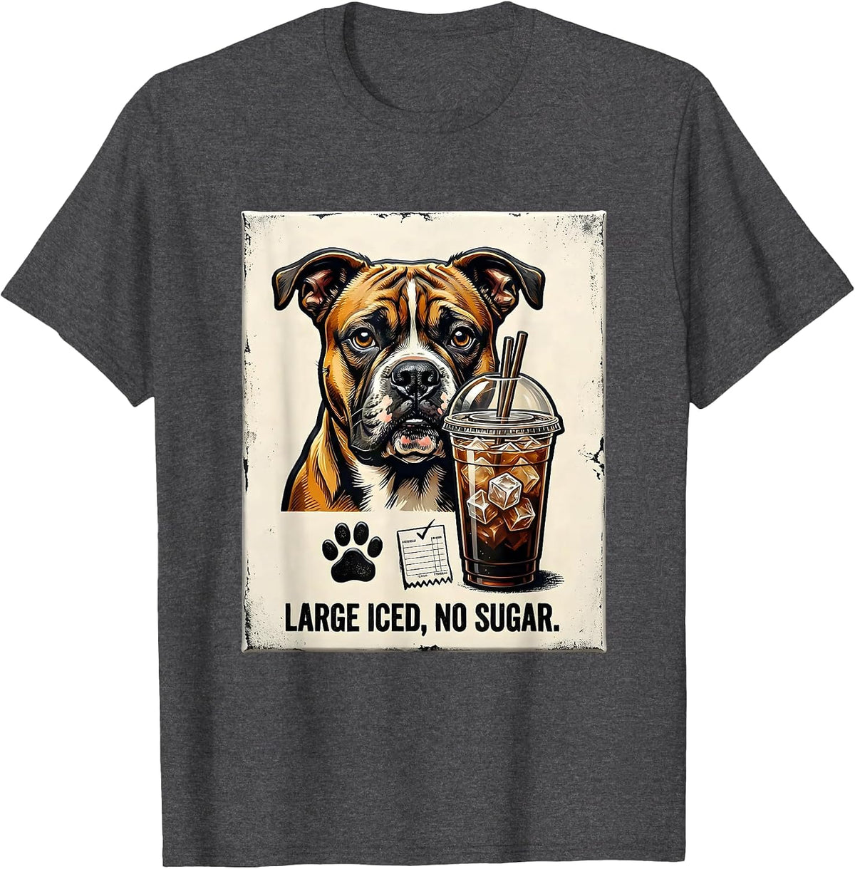 Men's Large Iced No Sugar Funny Pitbull Drinking Iced Coffee Meme T-Shirt - Dark Heather Grey