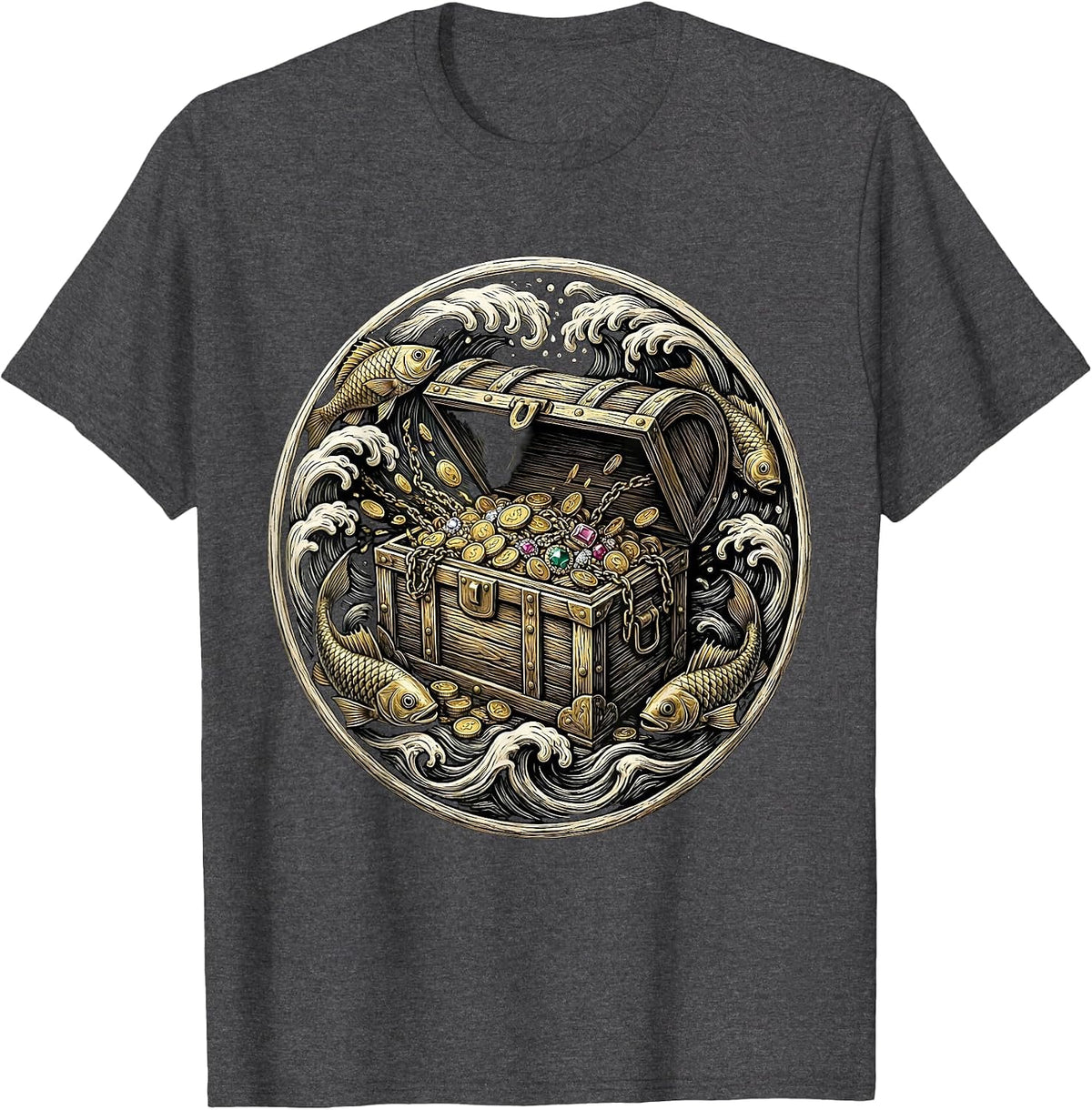 Underwater Treasure Chest Pirate Graphic Tee T-Shirt - Dark Heather Grey