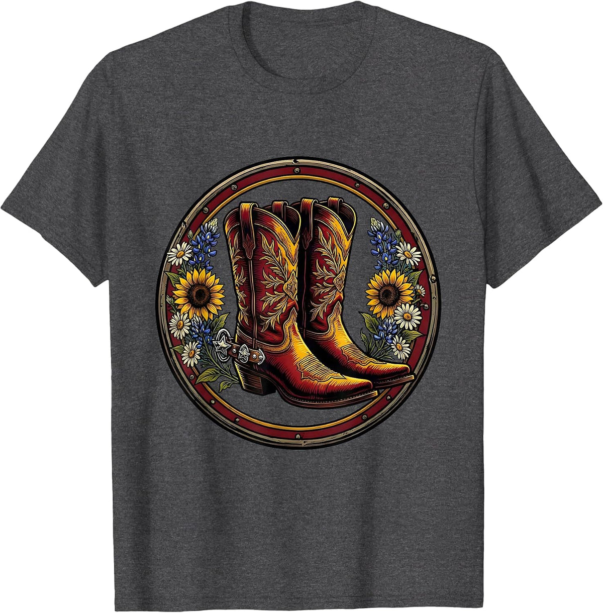 Cowgirl Boots Spurs and Wildflowers Rodeo Design T-Shirt - Dark Heather Grey