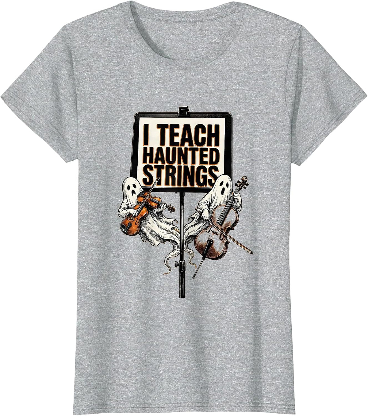Women's I Teach Haunted Strings Funny Music Teacher Ghost Band T-Shirt - Heather Grey