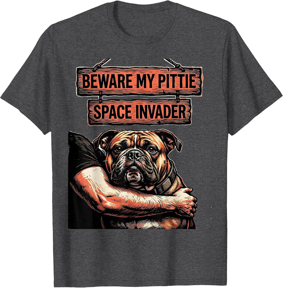 Beware My Pittie Space Invader Funny Pitbull Dog Lover T-Shirt - Dark Heather Grey