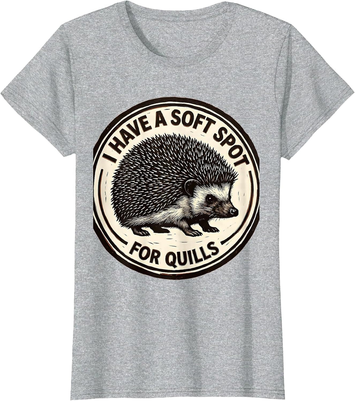 Women's I Have A Soft Spot For Quills Cute Hedgehog Lover Linocut T-Shirt - Heather Grey