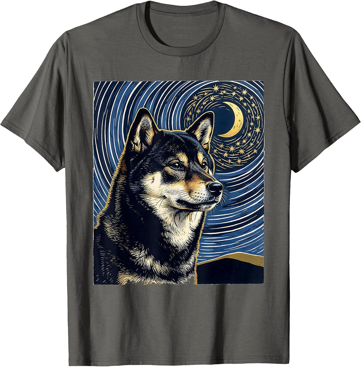 Shiba Inu Van Gogh Style Starry Night Portrait T-Shirt - Asphalt Grey