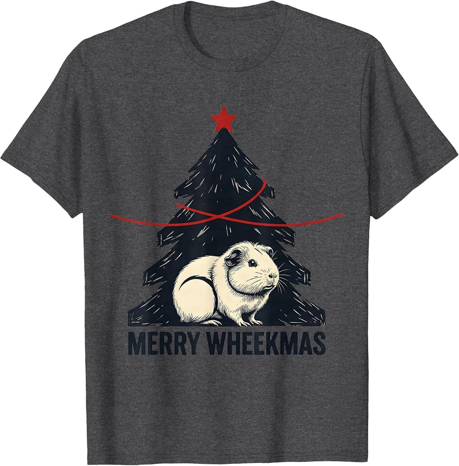 Men's Merry Wheekmas Linocut Guinea Pig Christmas Pet Lover Humor T-Shirt - Dark Heather Grey