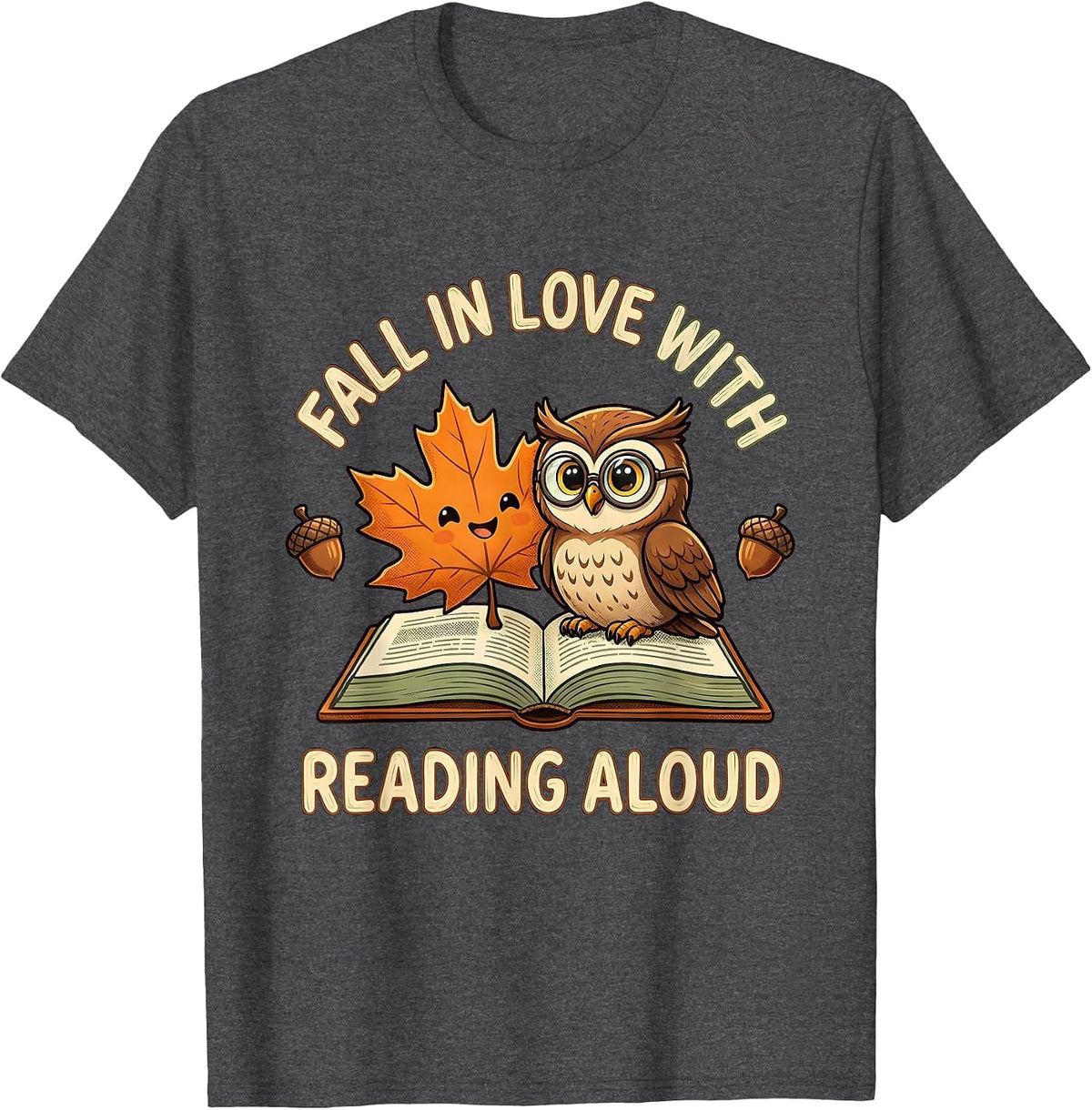 Fall In Love With Reading Aloud Cute Kawaii Teacher Book T-Shirt - Dark Heather Grey