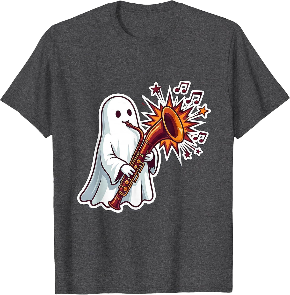 Sheet Ghost Bassoon Sticker Style Music Teacher Halloween T-Shirt - Dark Heather Grey