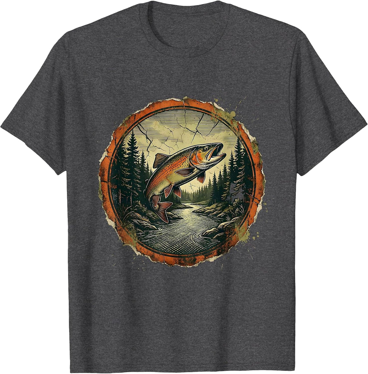 Men's Trout Stream Pine Forest Fly Fishing Illustration T-Shirt - Dark Heather Grey