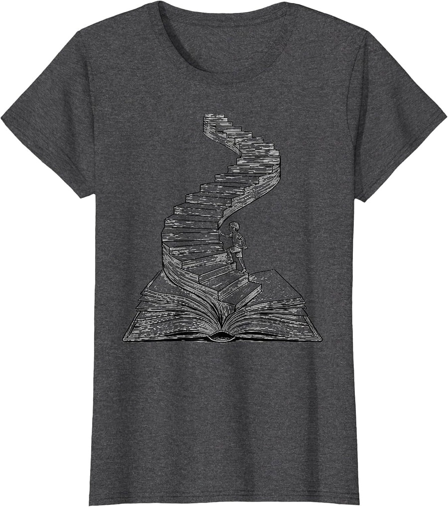 Women's Child Climbing Book-Page Staircase Reading Art T-Shirt - Dark Heather Grey
