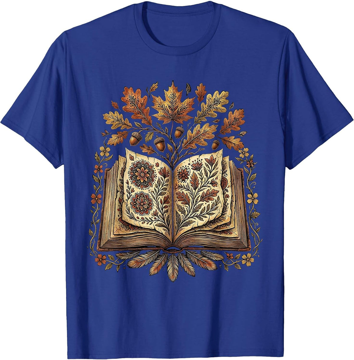 Men's Teacher Fall Open Book Leaves Illustration T-Shirt - Royal Blue