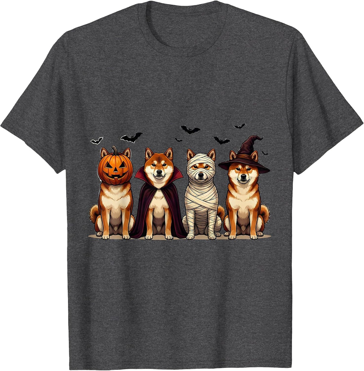 Men's Halloween Shiba Inu Squad Pumpkin Vampire Mummy Witch Dog T-Shirt - Dark Heather Grey