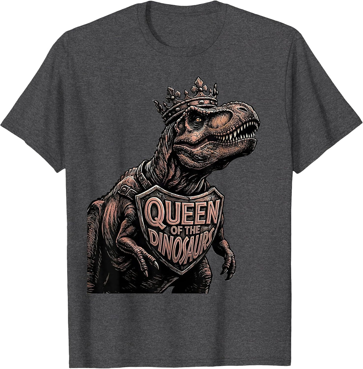 Queen of the Dinosaurs Dino Lover Design T-Shirt - Dark Heather Grey